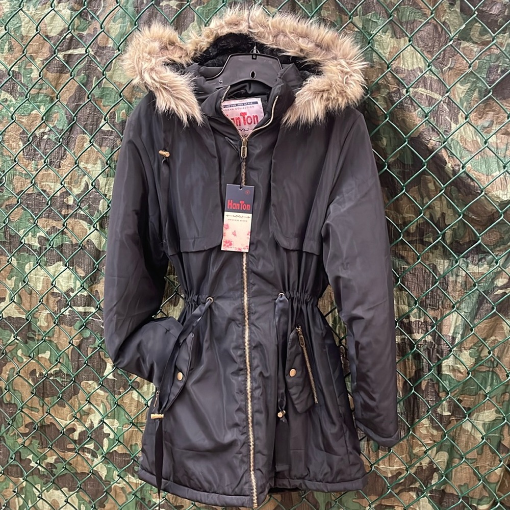 Ladies Long Adjustable Waist Faux Fur Hoodie Coat Fully Fur Lined Jacket